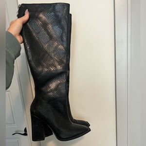 Knee high faux snake skin boots